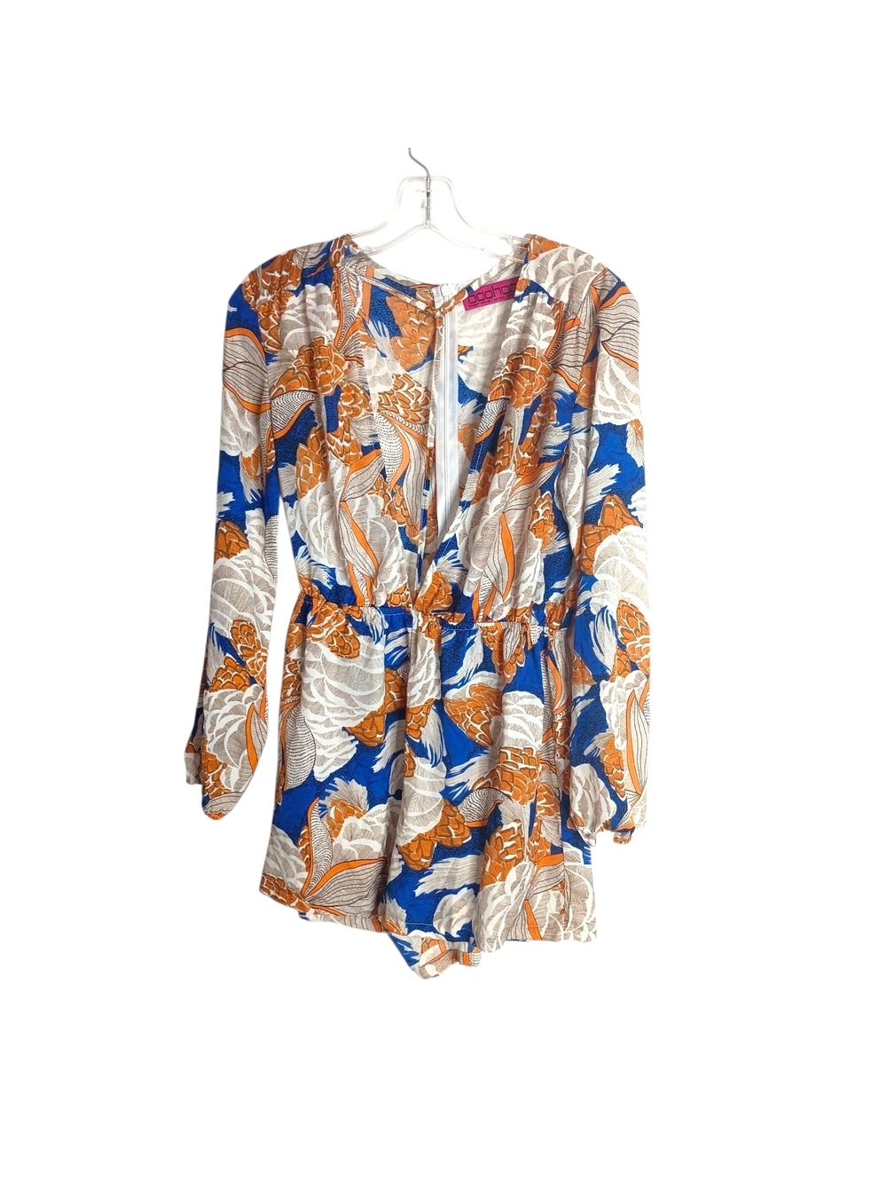 Boohoo - Floral Long-Sleeve Plunge Romper in Blue, Orange & Cream = Size 6